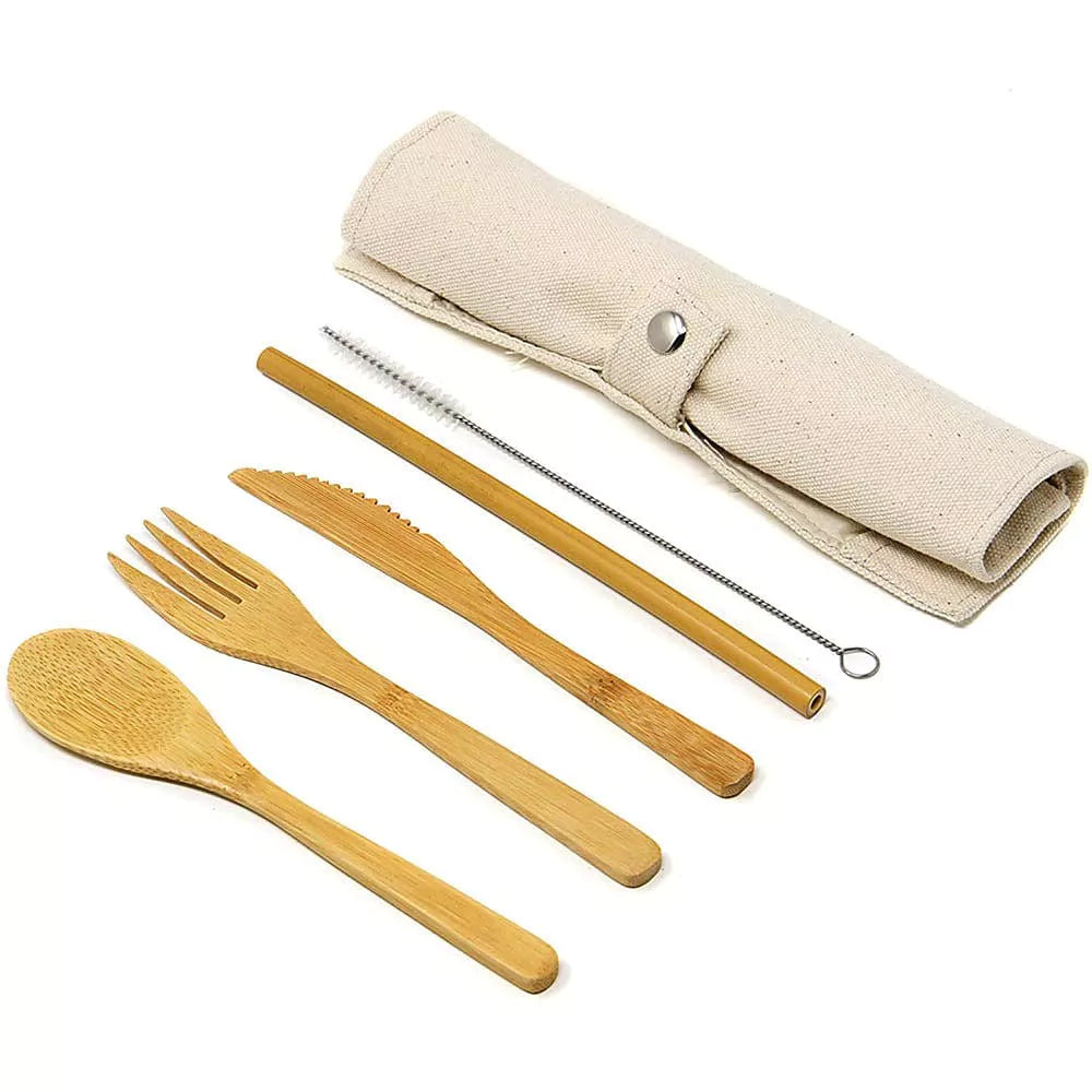 Bamboo Cutlery Set, Straw & Chopsticks in Cotton Storage Pouch - Natural