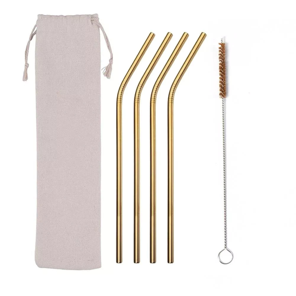 Set of 4 Stainless Steel Straws, Cleaning Brush & Bag