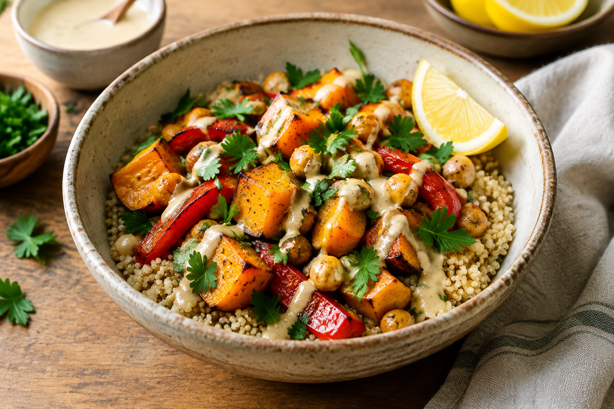 Cooked amaranth grain bowl with roasted vegetables and chickpeas