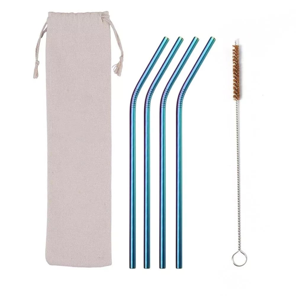 Set of 4 Stainless Steel Straws, Cleaning Brush & Bag