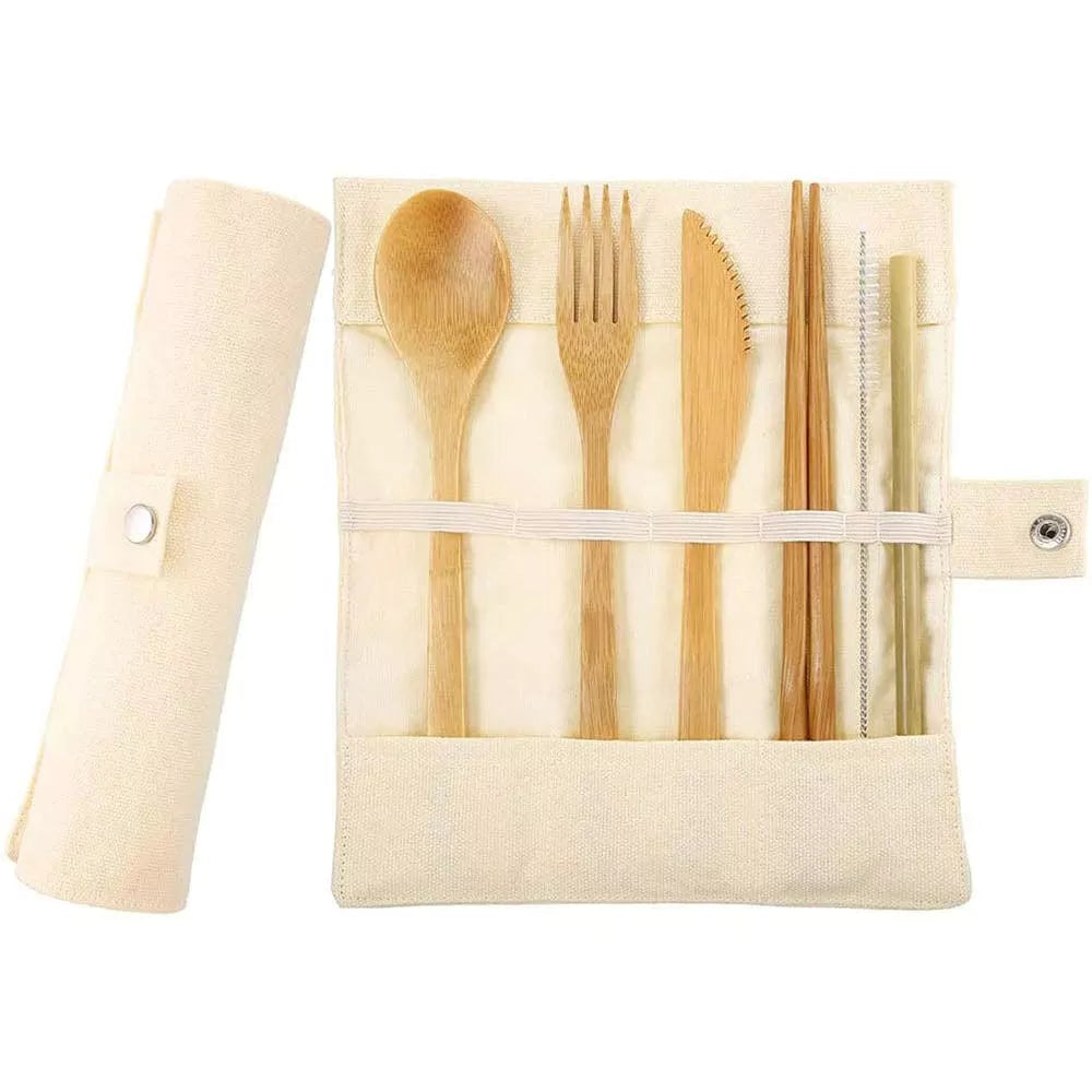Bamboo Cutlery Set, Straw & Chopsticks in Cotton Storage Pouch - Natural