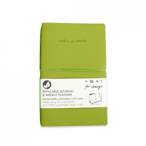 Recycled Leather Refillable Journal & Weekly Planner - Green